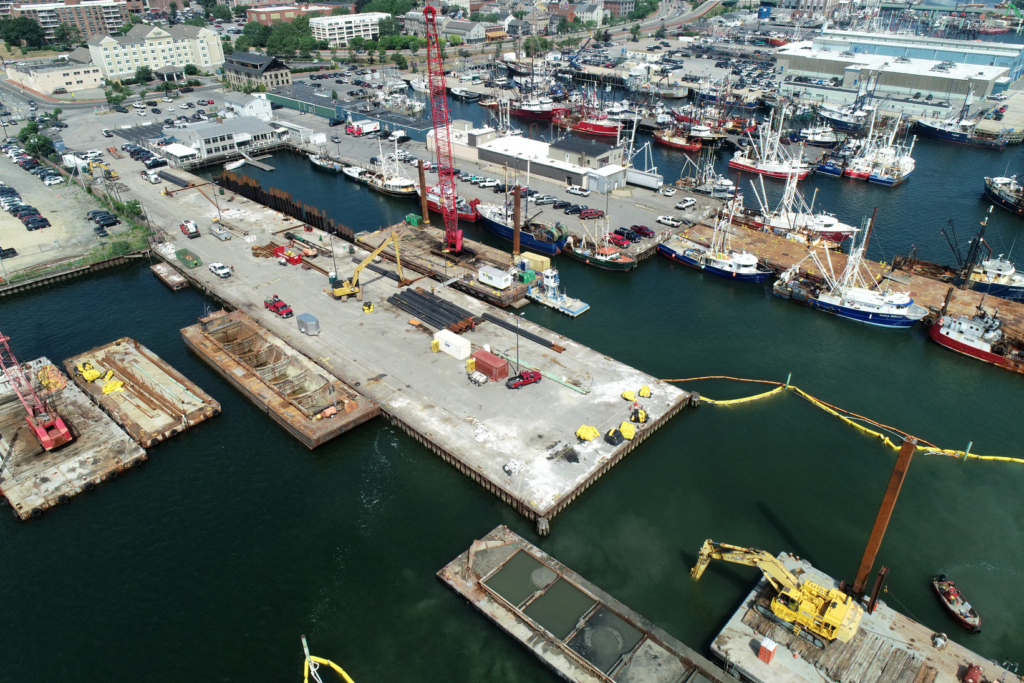 Aerial view of Leonard's Wharf construction in New Bedford